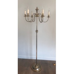Lampadaire Néoclassique en Métal Argenté et Laiton à Six Lumières, Travail Français, vers 1940