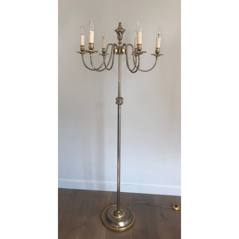 Lampadaire de Parquet en Métal Argenté et Laiton à 6 Bras de Lumières