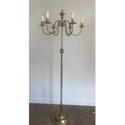 Lampadaire Néoclassique en Métal Argenté et Laiton à Six Lumières, Travail Français, vers 1940
