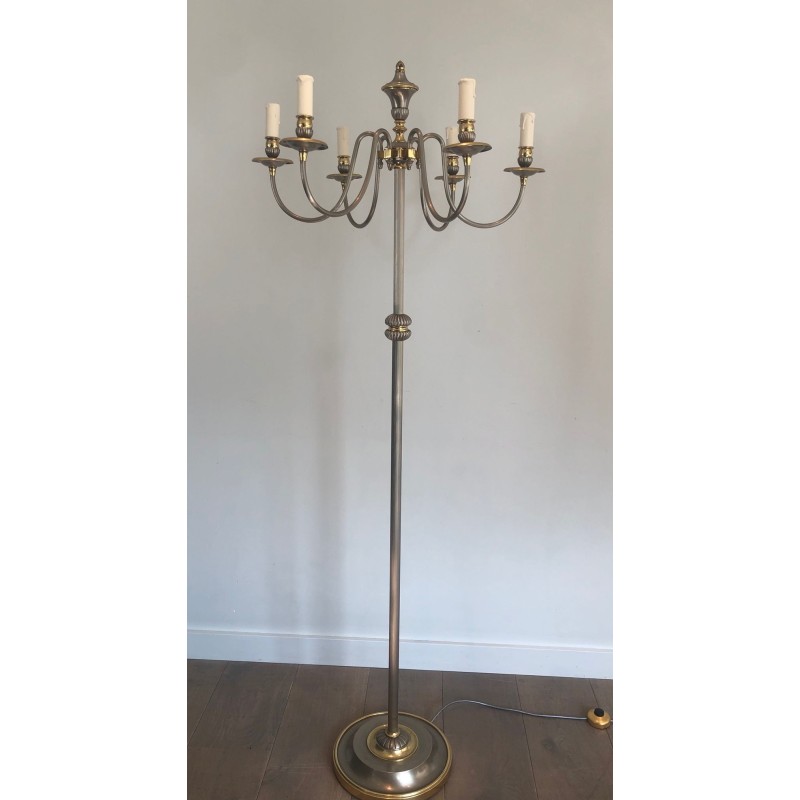 Lampadaire Néoclassique en Métal Argenté et Laiton à Six Lumières, Travail Français, vers 1940