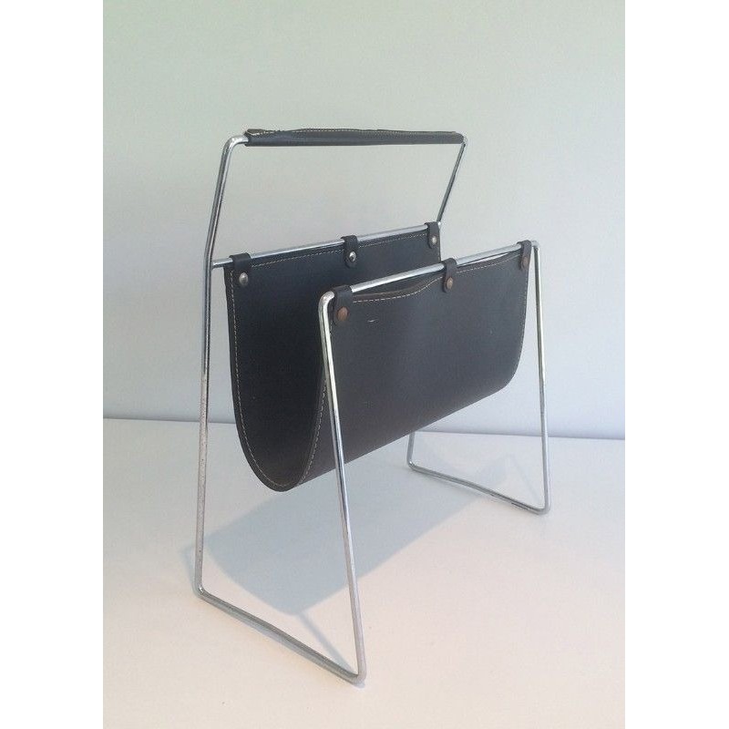 Porte-Revues en Chrome et Cuir Noir