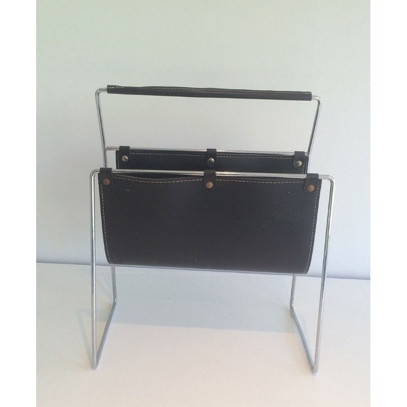 Black Leather and Chrome Magazine Rack