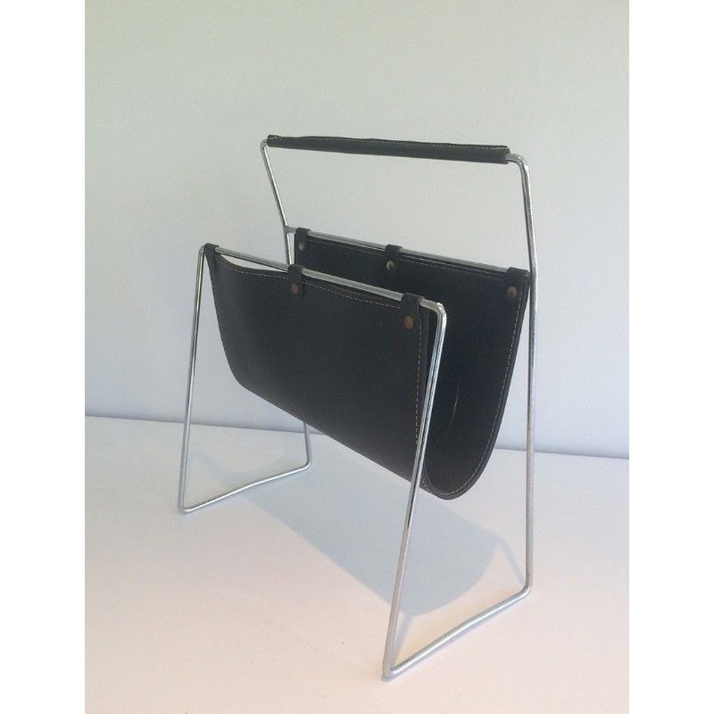 Porte-Revues en Chrome et Cuir Noir