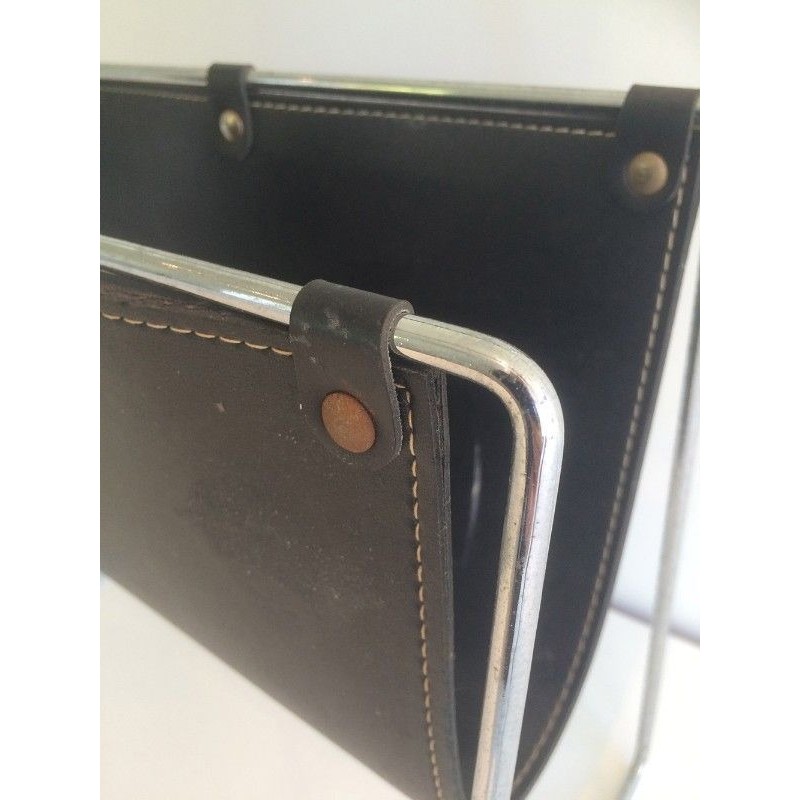 Porte-Revues en Chrome et Cuir Noir