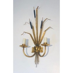 Paire d'Appliques en Métal Doré au Roseau