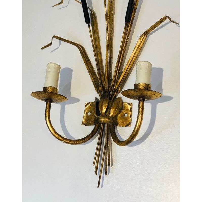 Paire d'Appliques en Métal Doré au Roseau
