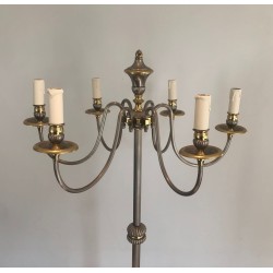 Lampadaire Néoclassique en Métal Argenté et Laiton à Six Lumières, Travail Français, vers 1940