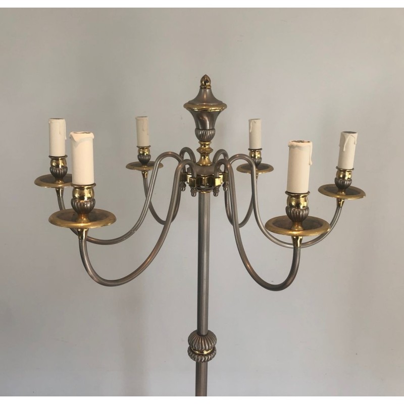 Neoclassical Silvered Metal and Brass Six-Light Floor Lamp, French Work, circa 1940