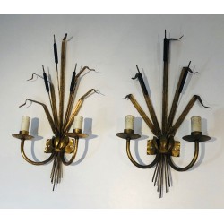 Paire d'Appliques en Métal Doré au Roseau