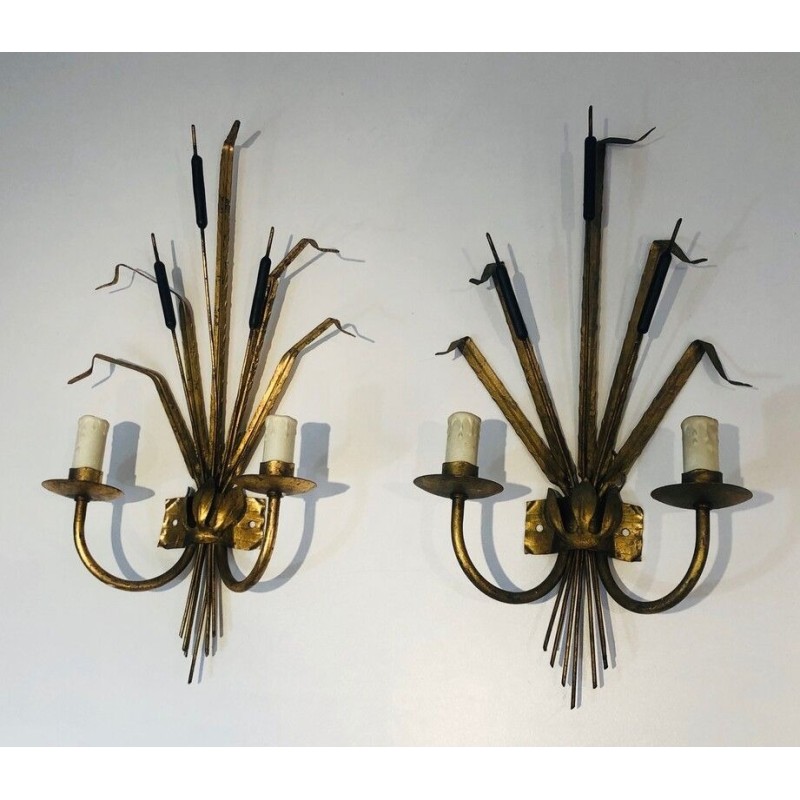Paire d'Appliques en Métal Doré au Roseau