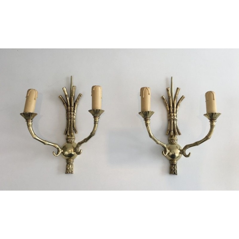 Rare Pair of Faux-Bamboo Bronze Wall Sconces by Maison Baguès