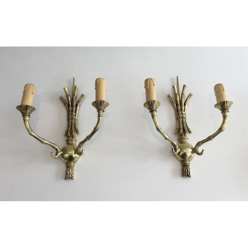 Rare Pair of Faux-Bamboo Bronze Wall Sconces by Maison Baguès