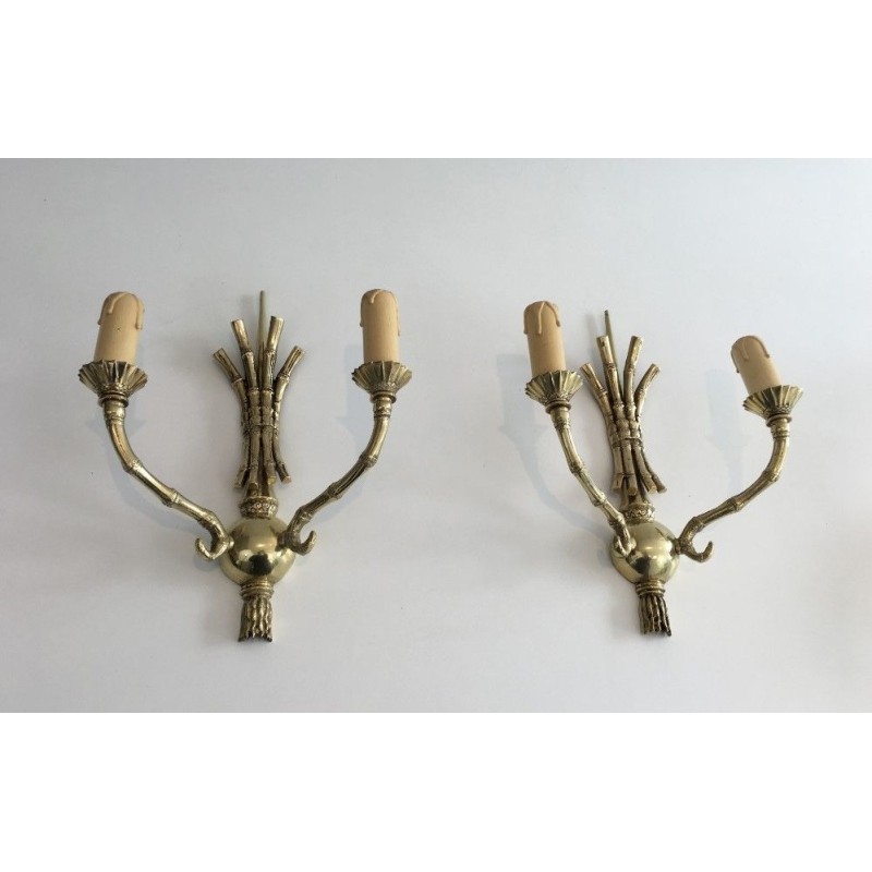 Rare Pair of Faux-Bamboo Bronze Wall Sconces by Maison Baguès