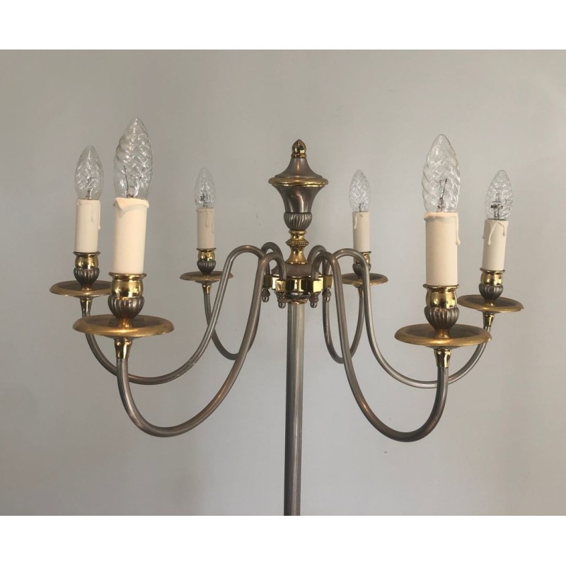 Lampadaire Néoclassique en Métal Argenté et Laiton à Six Lumières, Travail Français, vers 1940