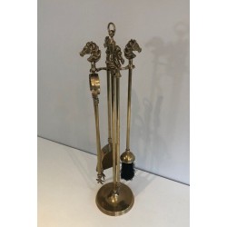 Neoclassical Brass Fireplace Tools Set with Horse Head Finials