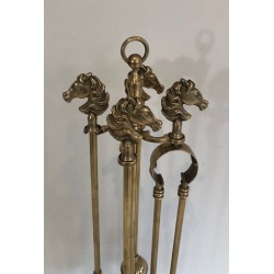 Neoclassical Brass Fireplace Tools Set with Horse Head Finials