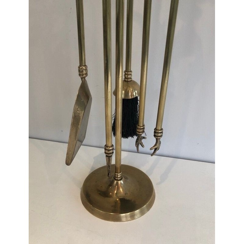 Neoclassical Brass Fireplace Tools Set with Horse Head Finials