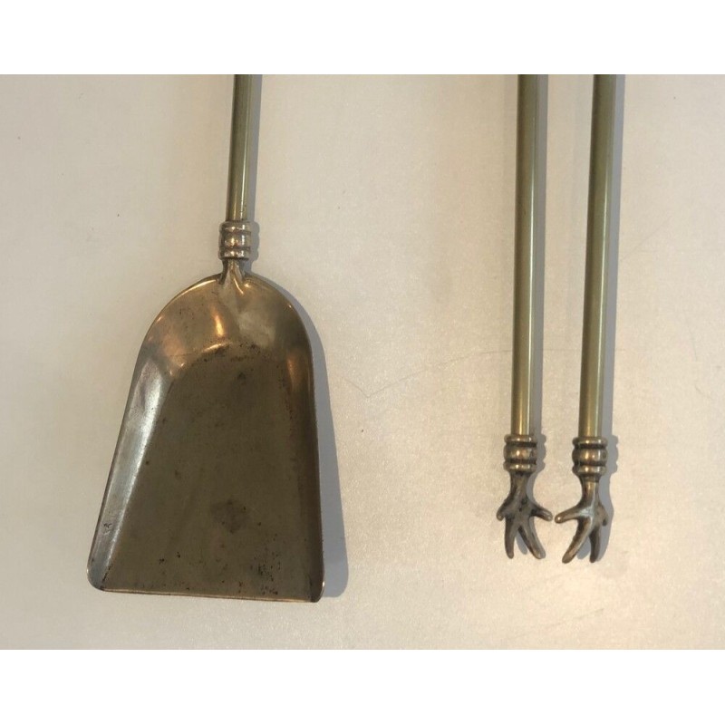 Neoclassical Brass Fireplace Tools Set with Horse Head Finials