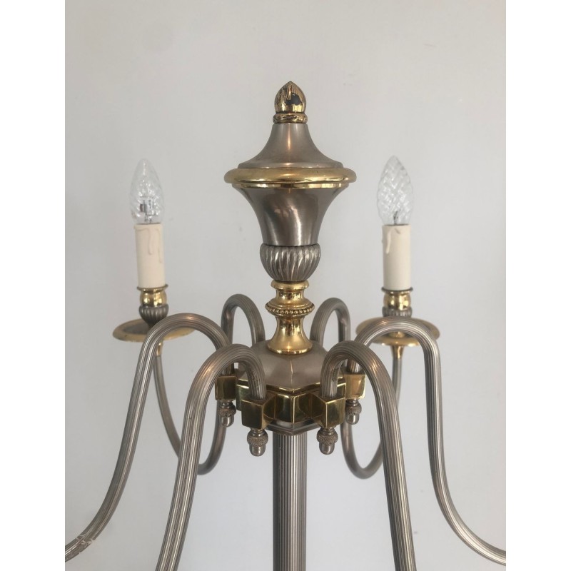 Lampadaire Néoclassique en Métal Argenté et Laiton à Six Lumières, Travail Français, vers 1940