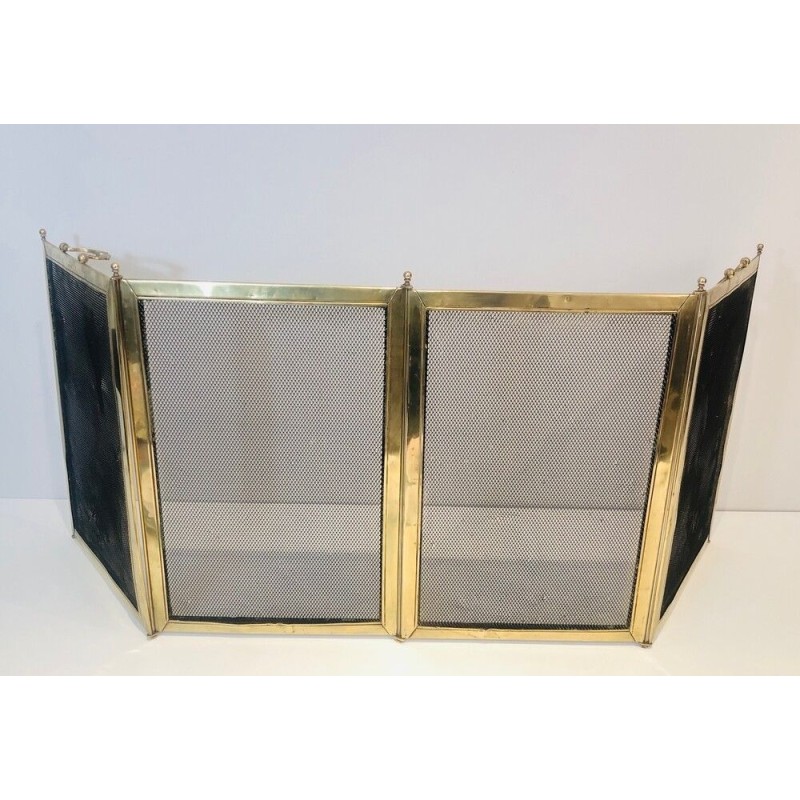 Four-Panel Folding Brass and Mesh Fireplace Screen (minor dents to brass)