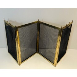 Four-Panel Folding Brass and Mesh Fireplace Screen (minor dents to brass)