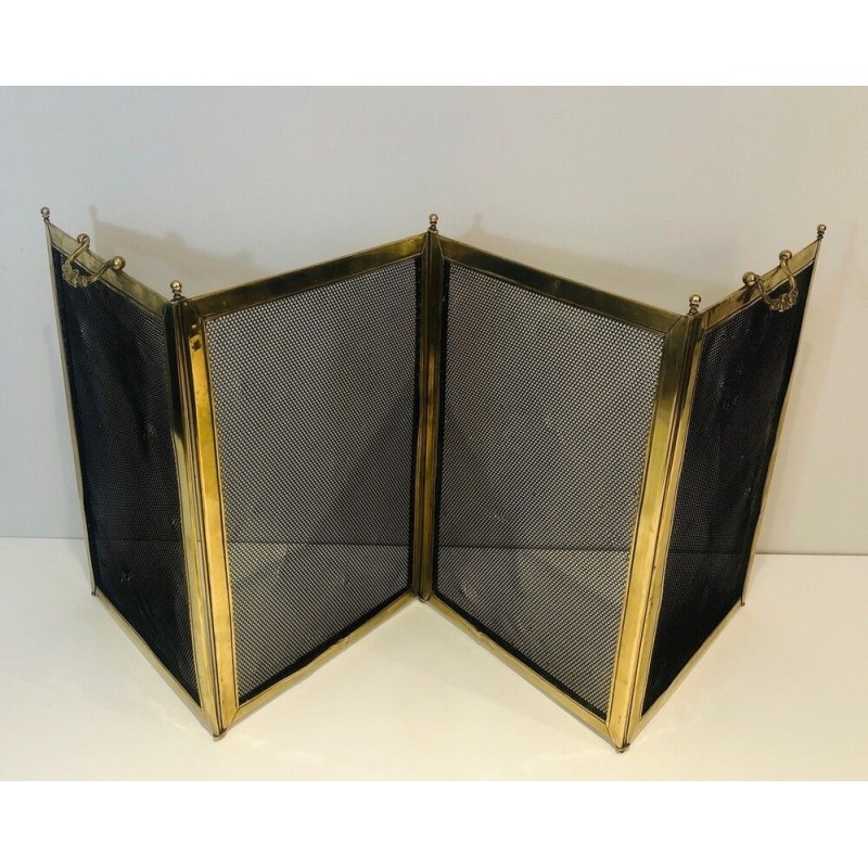 Four-Panel Folding Brass and Mesh Fireplace Screen (minor dents to brass)