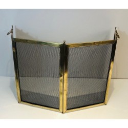 Four-Panel Folding Brass and Mesh Fireplace Screen (minor dents to brass)