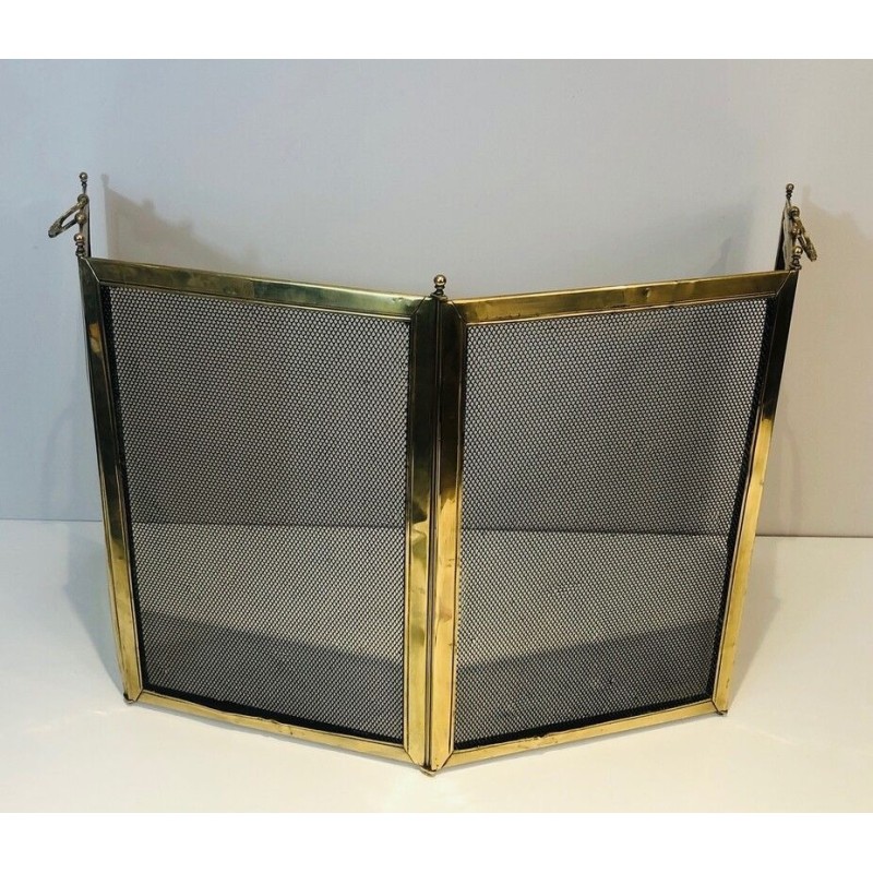 Four-Panel Folding Brass and Mesh Fireplace Screen (minor dents to brass)