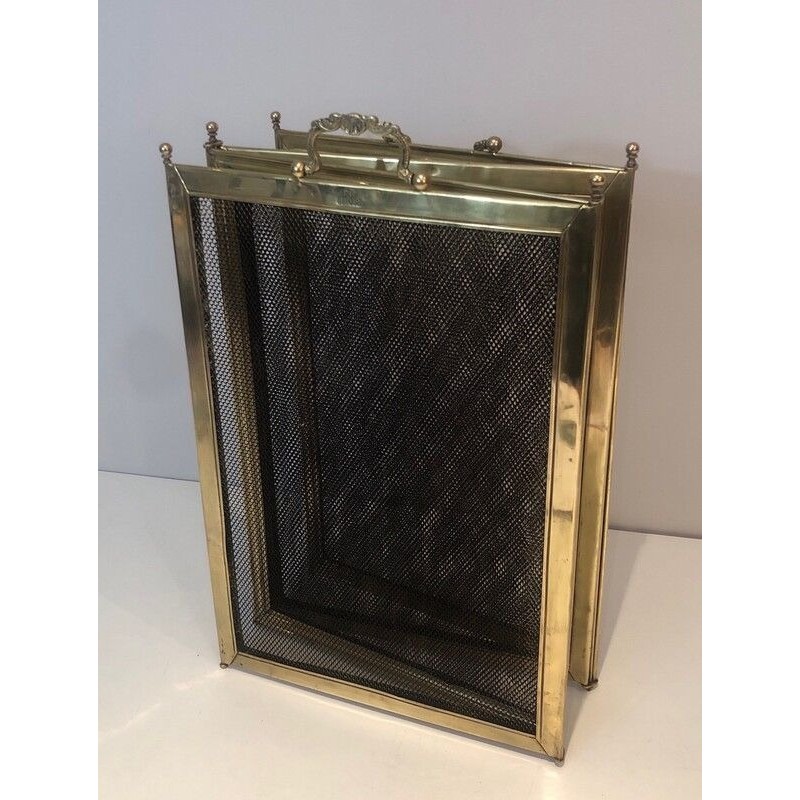 Four-Panel Folding Brass and Mesh Fireplace Screen (minor dents to brass)