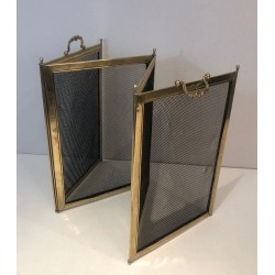 Four-Panel Folding Brass and Mesh Fireplace Screen (minor dents to brass)
