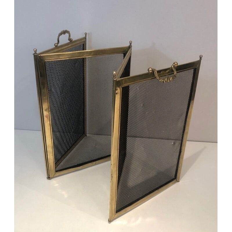 Four-Panel Folding Brass and Mesh Fireplace Screen (minor dents to brass)