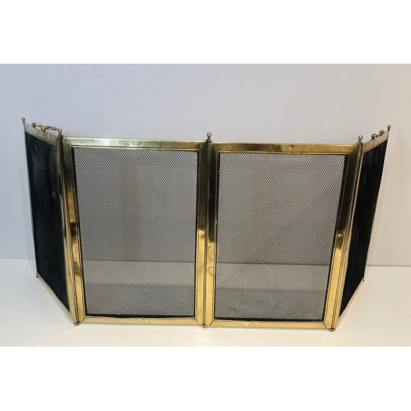 Four-Panel Folding Brass and Mesh Fireplace Screen (minor dents to brass)