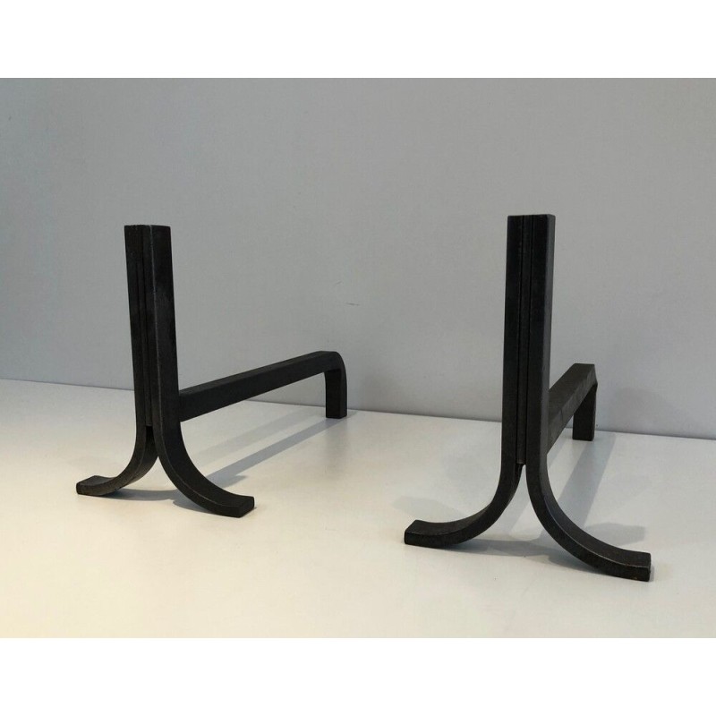 Pair of Modernist Steel and Wrought iron Andirons
