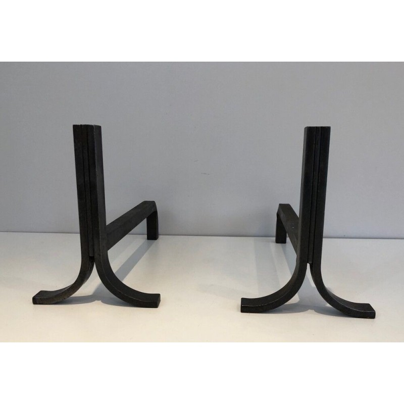 Paire de chenets Modernistes en Acier et Fer forgé