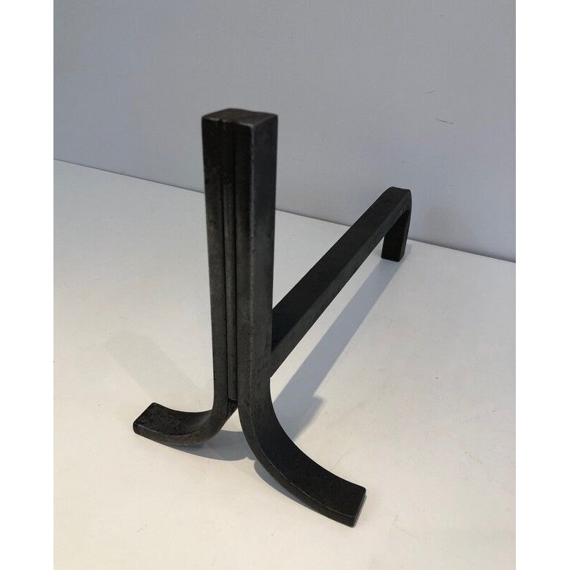 Pair of Modernist Steel and Wrought iron Andirons