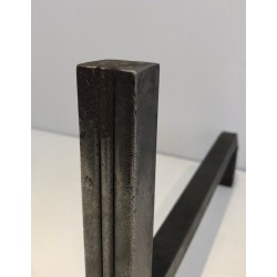 Paire de chenets Modernistes en Acier et Fer forgé