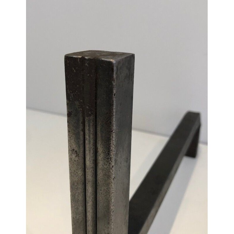 Paire de chenets Modernistes en Acier et Fer forgé
