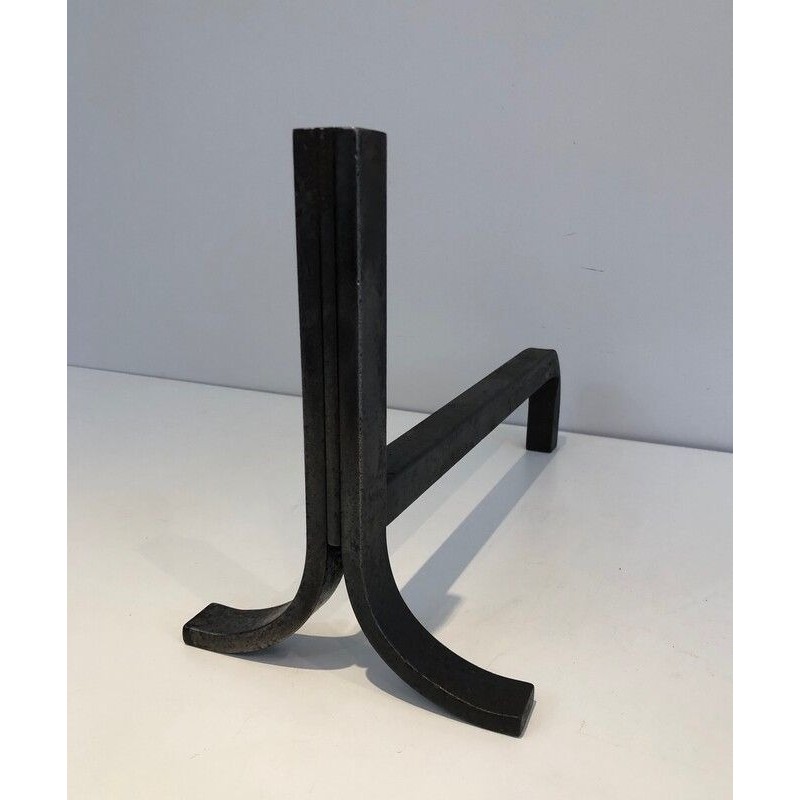 Pair of Modernist Steel and Wrought iron Andirons