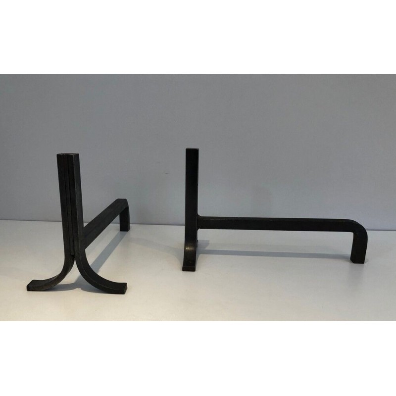 Pair of Modernist Steel and Wrought iron Andirons