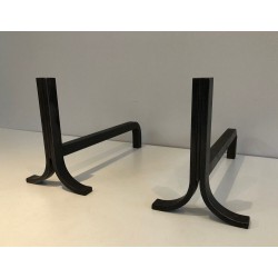 Pair of Modernist Steel and Wrought iron Andirons