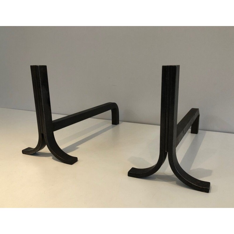 Paire de chenets Modernistes en Acier et Fer forgé