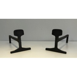 Pair of Modernist Cast Iron and Iron Andirons