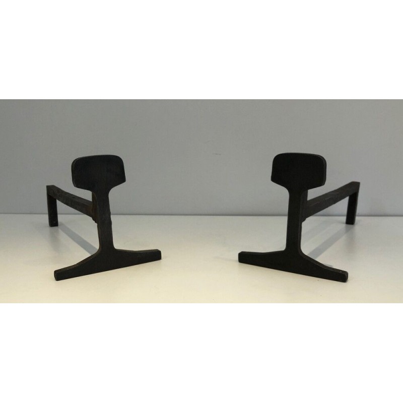 Pair of Modernist Cast Iron and Iron Andirons
