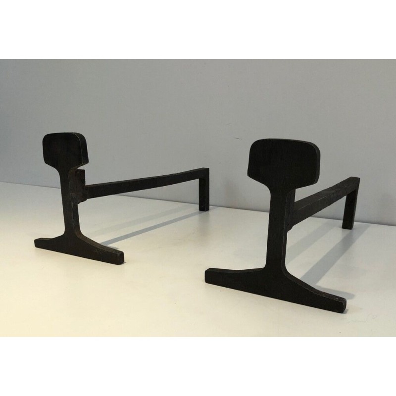 Pair of Modernist Cast Iron and Iron Andirons