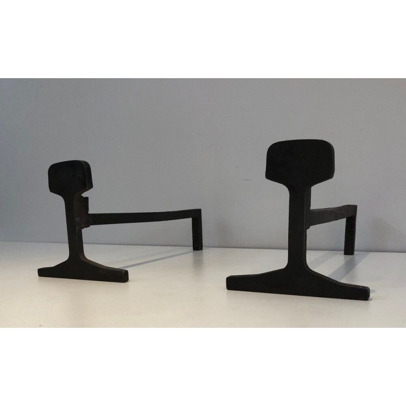 Pair of Modernist Cast Iron and Iron Andirons