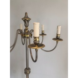 Lampadaire Néoclassique en Métal Argenté et Laiton à Six Lumières, Travail Français, vers 1940