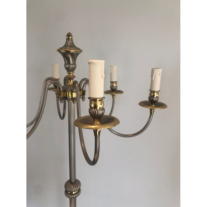 Lampadaire Néoclassique en Métal Argenté et Laiton à Six Lumières, Travail Français, vers 1940
