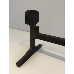 Pair of Modernist Cast Iron and Iron Andirons