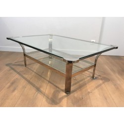 Large Design Chrome Coffee Table with Glass Shelves