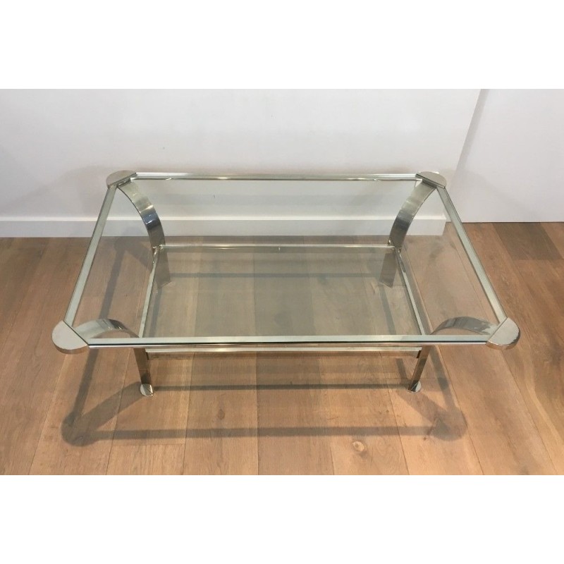Importante Table Basse Design en Chrome et Plateaux de Verres